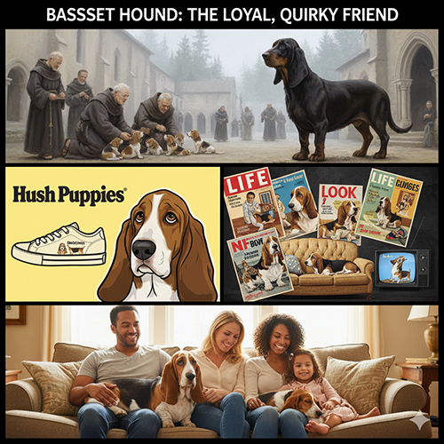Ảnh minh họa lời kết về chó Basset Hound: hành trình lịch sử, dấu ấn văn hóa đại chúng (Hush Puppies, tạp chí) và hình ảnh thú cưng gia đình trung thành
