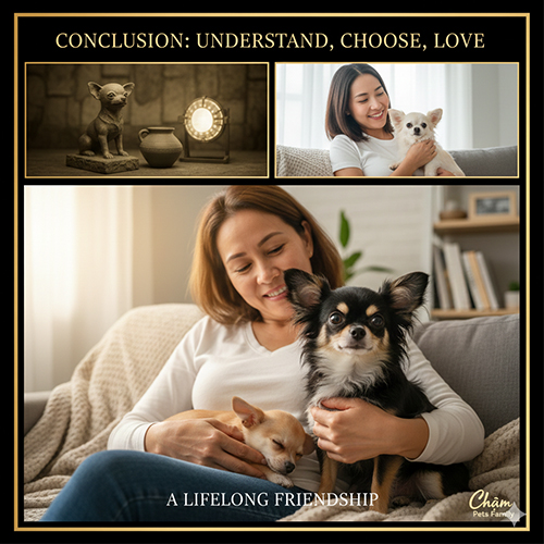 Lời kết về giống Chihuahua với hình ảnh người nuôi ôm Chihuahua và biểu tượng tình bạn lâu dài