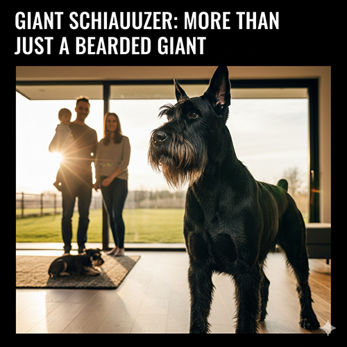 Giant Schnauzer đứng bảo vệ trước gia đình trong không gian sống, thể hiện sự trung thành và bản năng che chở