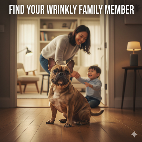 Ảnh kết bài với chú chó mặt xệ ngồi trong nhà, phía sau là mẹ và em bé đang chơi, thông điệp “Find your wrinkly family member” gợi ý chọn đúng giống phù hợp gia đình.