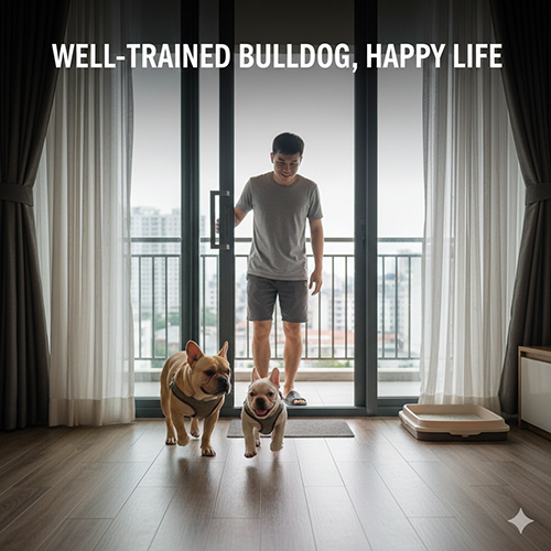 Hai bé Bull Pháp ngoan ngoãn chạy ra đón chủ khi cửa mở, thể hiện kết quả của quá trình huấn luyện đúng cách