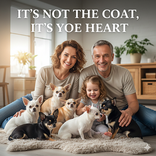 Một gia đình đang ngồi cười vui bên bầy Chihuahua nhiều màu lông, thể hiện thông điệp rằng màu sắc không quan trọng bằng tình yêu và sự gắn kết.