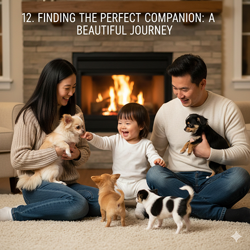 Ảnh gia đình hạnh phúc vui đùa cùng đàn Chihuahua trong không gian ấm áp.