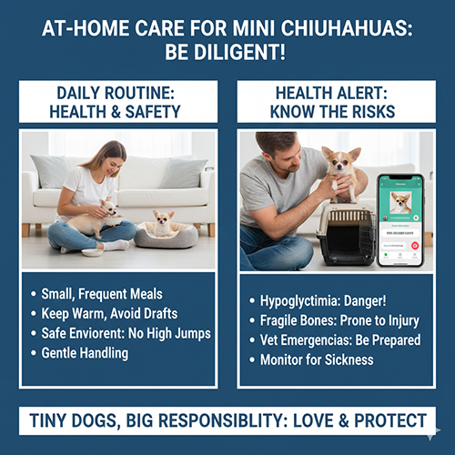 Lưu ý chăm sóc Chihuahua mini và teacup tại nhà, từ bữa ăn nhỏ nhiều lần đến phòng tránh tai nạn và theo dõi sức khỏe