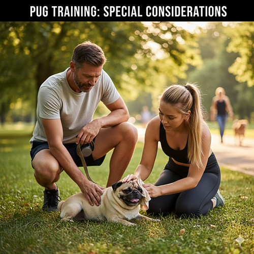 Chủ kiểm tra và chăm sóc chó Pug mặt xệ sau buổi huấn luyện ngoài trời