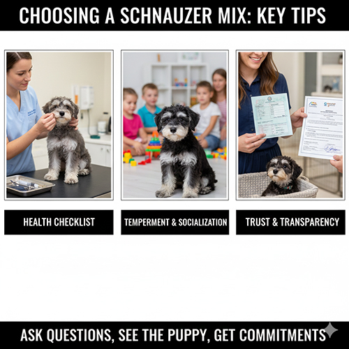 Lưu ý khi chọn mua chó Schnauzer lai gồm kiểm tra sức khỏe, tính cách và cam kết người bán