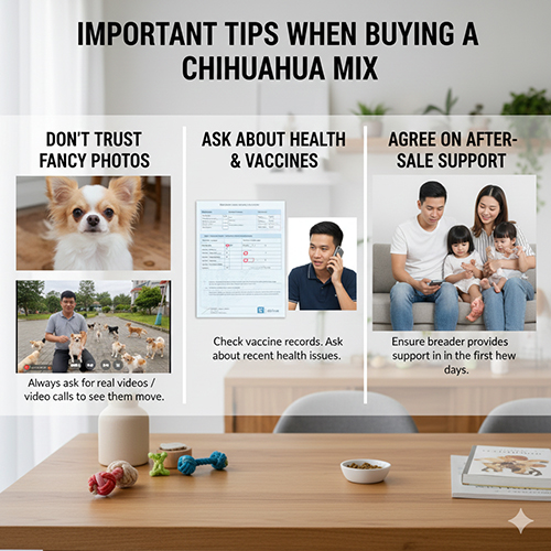 Ba lưu ý quan trọng khi mua Chihuahua lai Phốc: không tin ảnh chụp đẹp, kiểm tra sức khỏe – sổ tiêm và thỏa thuận hỗ trợ sau khi nhận bé.