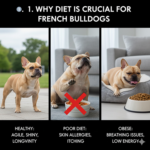 Ba hình minh họa chó Bull Pháp khỏe mạnh, dị ứng do ăn sai và béo phì