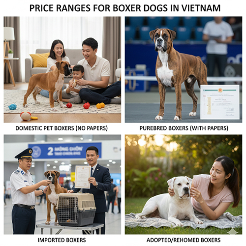 Mặt bằng giá chó Boxer tại Việt Nam theo từng phân khúc sinh trong nước, có giấy, nhập khẩu và nhận nuôi