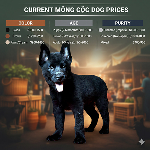 Bảng giá chó Mông Cộc hiện nay theo màu lông, độ tuổi và độ thuần chủng kèm hình một bé Mông Cộc đen đứng nổi bật giữa phông chợ vùng cao.