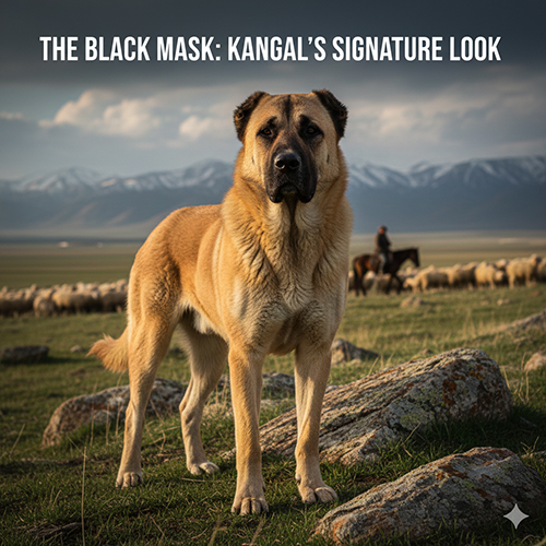 Hình chó Kangal đứng trên đồng cỏ với mặt nạ đen rõ nét và bộ lông vàng cát đặc trưng