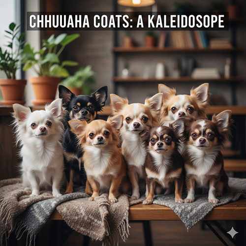 Một nhóm nhiều chú chó Chihuahua với các màu lông khác nhau như trắng, kem, nâu, đen và loang đang ngồi cùng nhau trong nhà, thể hiện sự đa dạng màu lông của giống Chihuahua.