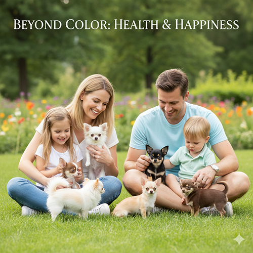 Một gia đình đang chơi đùa với nhiều chú Chihuahua màu sắc khác nhau trên bãi cỏ, thể hiện thông điệp rằng sức khỏe và hạnh phúc của chó quan trọng hơn màu lông.