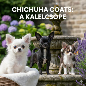 Ba chú chó Chihuahua với các màu lông trắng, đen và hai màu đứng cạnh nhau trong khu vườn, minh họa sự đa dạng màu lông của giống Chihuahua.