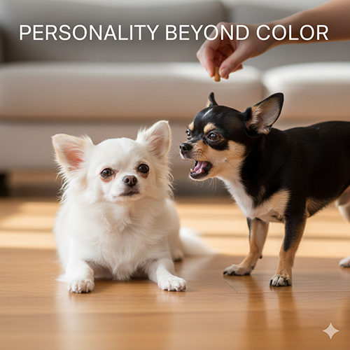 Một chú Chihuahua trắng và một chú Chihuahua đen đang tương tác trong phòng khách, thể hiện rằng màu lông không quyết định tính cách hay sức khỏe.