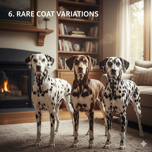 Ba chú chó Đốm với các kiểu màu hiếm: trắng đốm đen, trắng đốm nâu và pattern đốm khác nhau đứng trong phòng khách