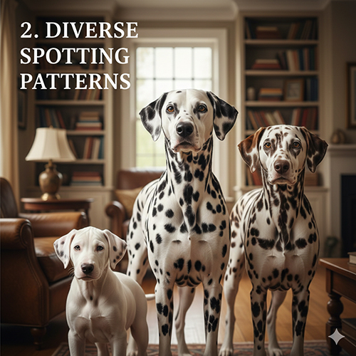 Ba chú chó Đốm đứng trong phòng khách, mỗi bé có kiểu phân bố đốm khác nhau trên nền lông trắng