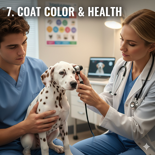 Bác sĩ thú y kiểm tra tai cho cún Đốm Dalmatian chấm nâu trên bàn khám, có trợ lý bế giữ nhẹ nhàng