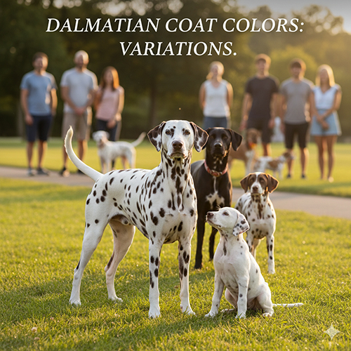 Màu lông chó Đốm: nhiều cá thể với hoa văn đốm khác nhau đứng trên bãi cỏ, phía sau là nhóm người mờ làm nền