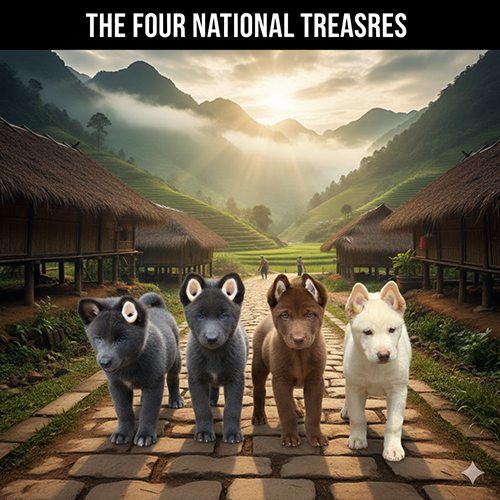 Ảnh bốn chú chó Mông Cộc con với bốn màu lông khác nhau: đen, xám, nâu đỏ và trắng, đứng giữa bản làng vùng núi.