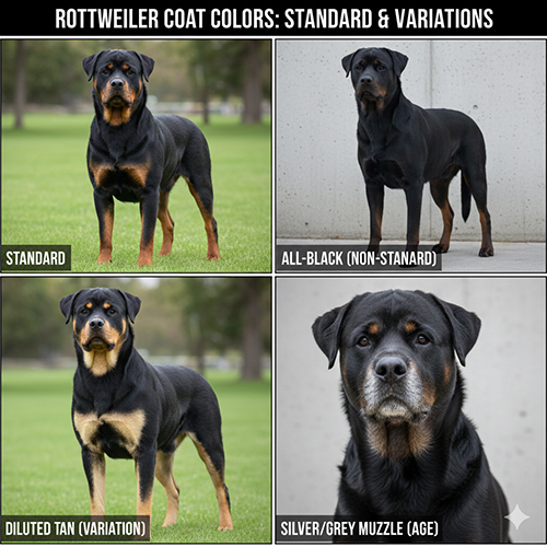 Hình các màu lông chó Rottweiler chuẩn và biến thể thường gặp