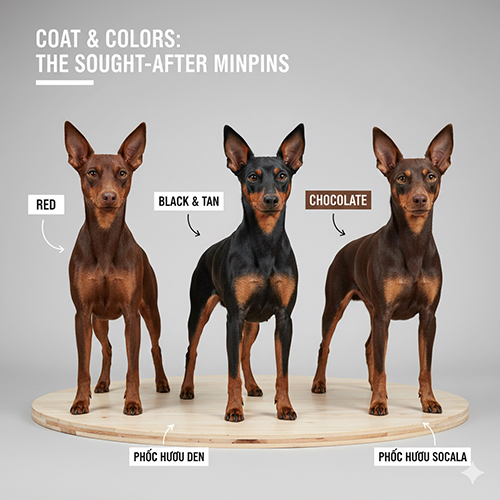 Ba chú Phốc hươu với ba màu lông phổ biến: đỏ, đen–nâu và socola, minh họa sự đa dạng màu sắc của giống Minpin.