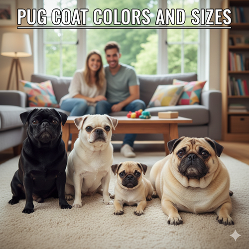 Màu lông và kích thước chó Pug gồm Pug đen, Pug trắng hiếm, Pug mini và Pug đồ