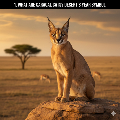 Mèo Caracal linh miêu tai đen đứng trên tảng đá giữa thảo nguyên sa mạc