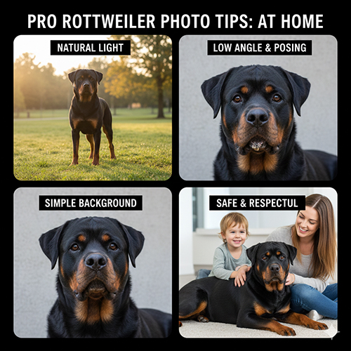 Mẹo chụp hình chó Rottweiler đẹp tại nhà bằng ánh sáng tự nhiên và góc chụp hợp lý