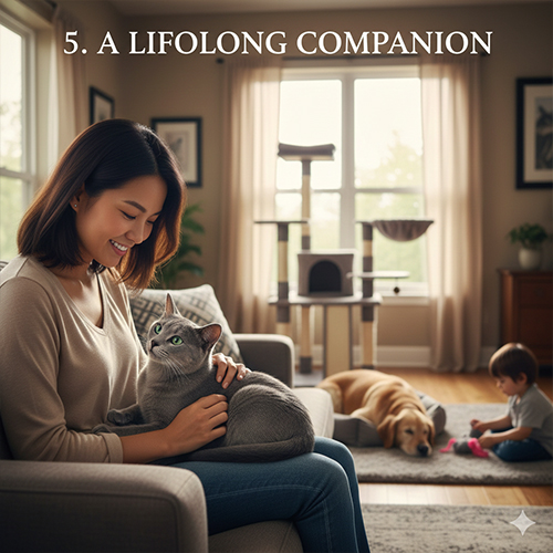 Mèo Korat xanh bạc nằm bên chủ trong không gian gia đình yên bình và gắn bó