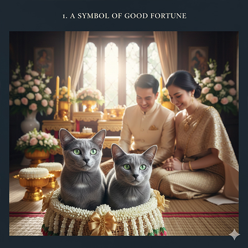 Cặp mèo Korat xanh bạc trong nghi lễ truyền thống Thái Lan biểu tượng may mắn và hạnh phúc hôn nhân