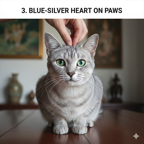 Mèo Korat xanh bạc với khuôn mặt hình trái tim và đôi mắt xanh ngọc đặc trưng