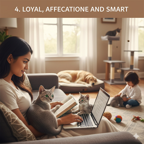 Mèo Korat xanh bạc quấn người bên chủ trong không gian gia đình ấm áp