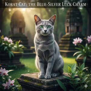 Giống mèo Korat xanh bạc ngồi giữa khu đền cổ Thái Lan biểu tượng của may mắn và thịnh vượng