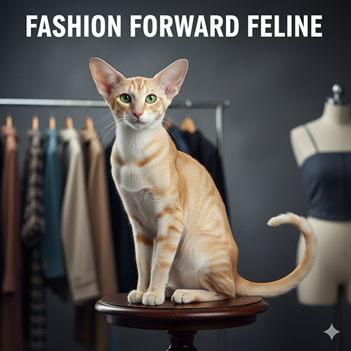 Mèo Oriental dáng thon tai lớn ngồi trên bục trong không gian thời trang hiện đại