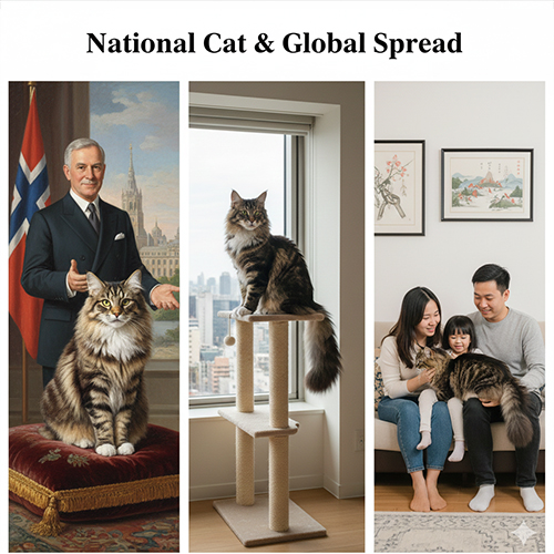 Hình ảnh mèo rừng Na Uy bên cạnh quốc kỳ Na Uy, trên trụ cào móng hiện đại và trong một gia đình Việt Nam