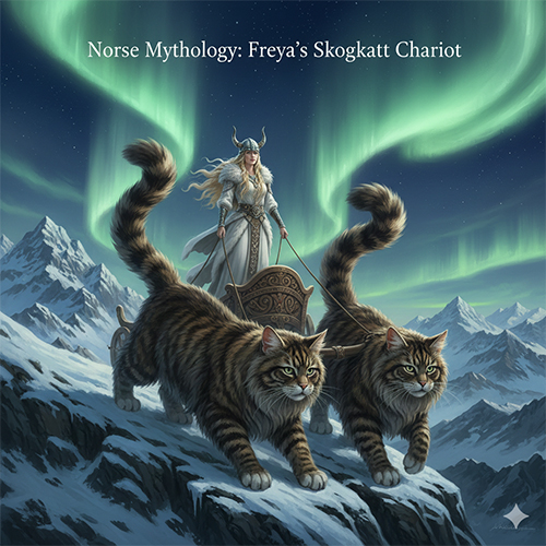 Tranh vẽ hai con mèo rừng Na Uy khổng lồ kéo cỗ xe cho nữ thần Freya dưới ánh sáng cực quang