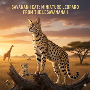 Giống mèo Savannah dáng cao, đốm báo, đứng giữa khung cảnh thảo nguyên châu Phi