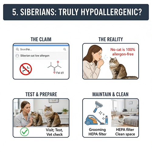 Giải thích về khả năng gây dị ứng của mèo Siberian, so sánh giữa quan niệm phổ biến và thực tế khoa học về protein Fel d1