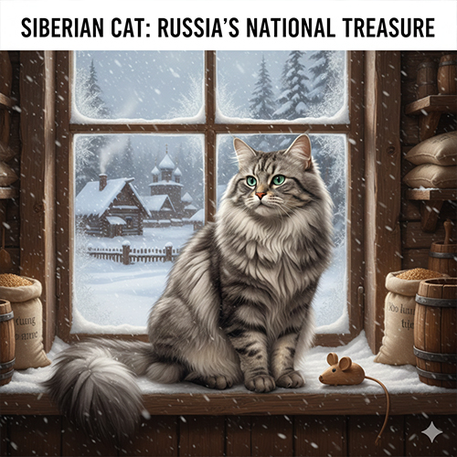 Mèo Siberian lông dài dày ngồi bên cửa sổ gỗ giữa khung cảnh tuyết rơi, biểu tượng giống mèo rừng Siberia của Nga