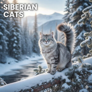 Mèo Siberian (mèo rừng Siberia) lông dài dày đứng giữa khung cảnh tuyết, dáng khỏe mạnh, ánh mắt lanh lợi