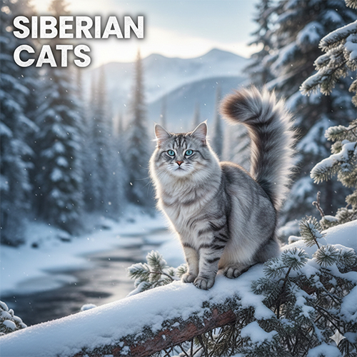 Mèo Siberian (mèo rừng Siberia) lông dài dày đứng giữa khung cảnh tuyết, dáng khỏe mạnh, ánh mắt lanh lợi