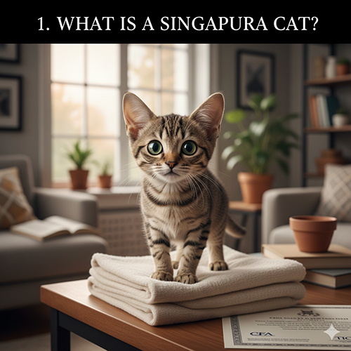 Mèo Singapura đứng trên bàn gỗ trong phòng khách, giống mèo Singapore nhỏ nhắn mắt to