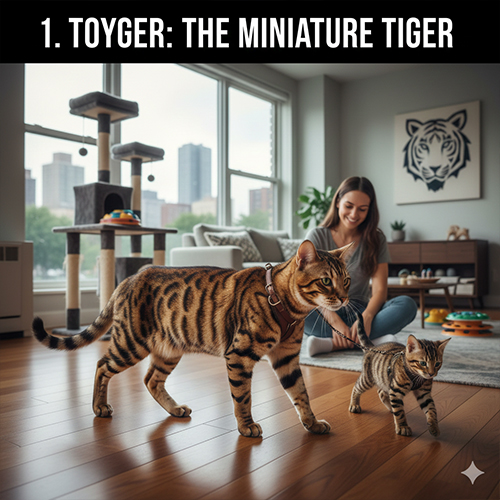 Mèo Toyger trưởng thành và mèo con với bộ lông vằn như hổ mini trong không gian căn hộ