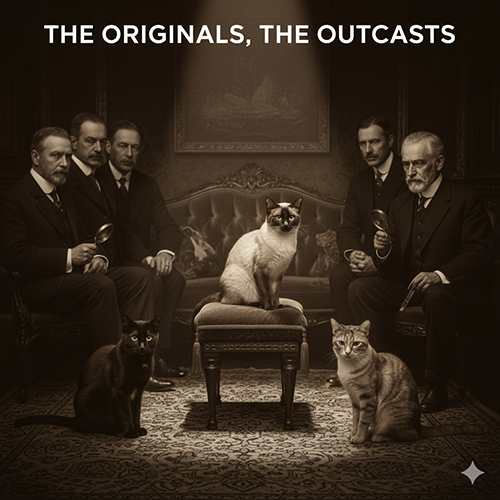 Những cá thể mèo Xiêm cổ điển không mang màu colorpoint ngồi trong không gian cổ châu Âu