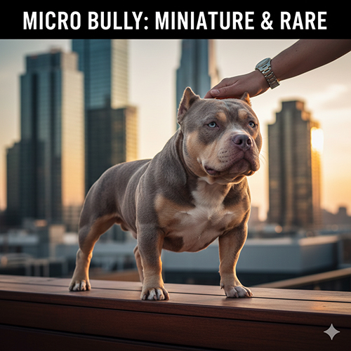 Chó Micro Bully đứng trên sân thượng thành phố, thân hình rất thấp và cơ bắp đổ khối
