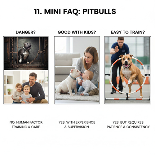 Hình minh họa Pitbull trong tình huống được huấn luyện, chơi cùng trẻ em và cảnh bị nuôi sai cách