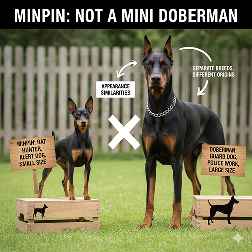 Hình so sánh chó Phốc hươu (Minpin) và Doberman đứng cạnh nhau, minh họa rằng đây là hai giống khác nhau dù ngoại hình có nét tương đồng.