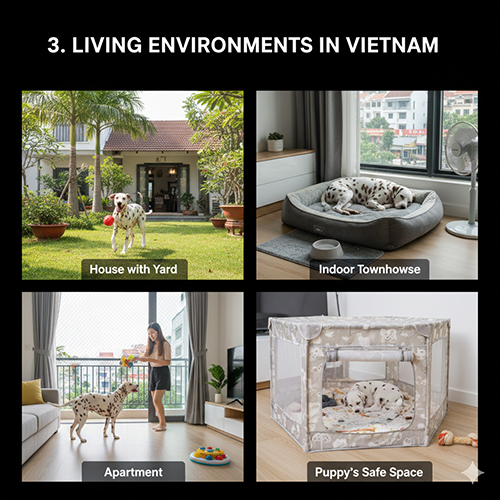 Môi trường sống cho chó Đốm Dalmatian tại Việt Nam trong nhà phố, chung cư và nhà có sân