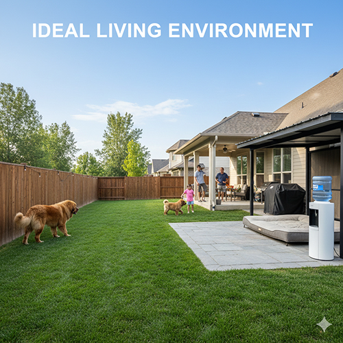 Hình ảnh môi trường sống lý tưởng khi nuôi chó Ngao Tây Tạng với sân vườn rộng, thoáng